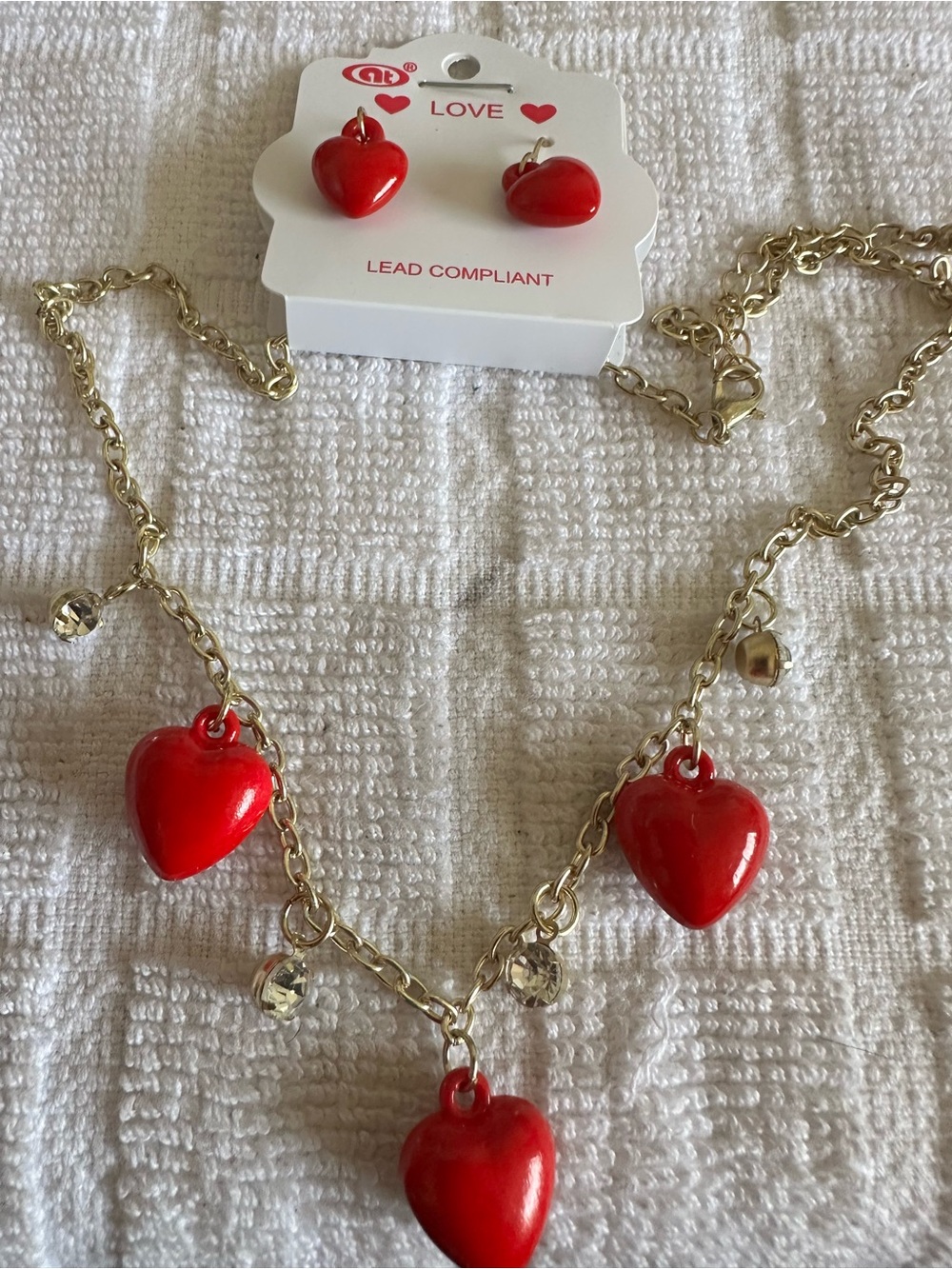 Love Gold-Tone Chain with Red Heart Charms Necklace and Stud Earrings